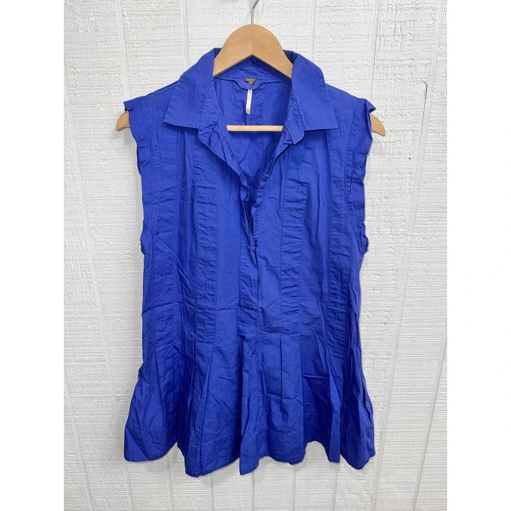 Free People Tunic Top Women Blue Sleeveless Pintuck Pleated Cotton S